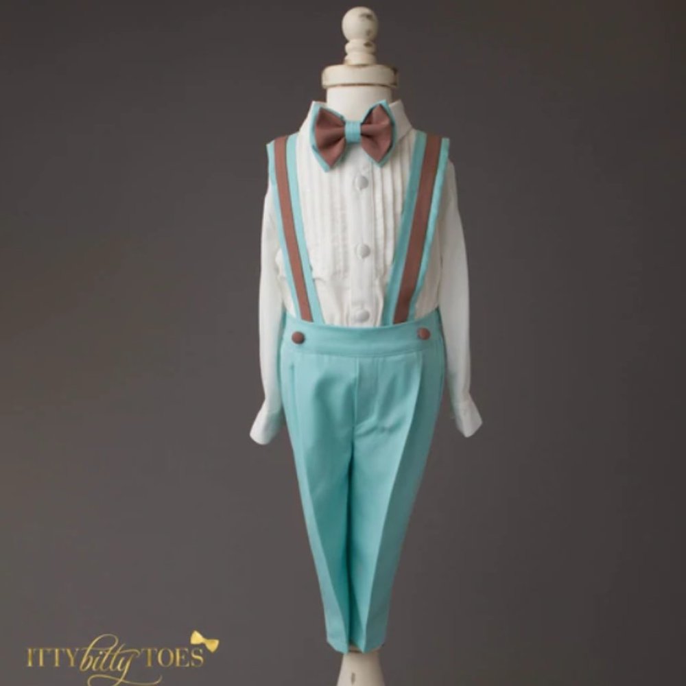 Itty Bitty Toes Mint and Brown Boys Suspender Outfit with Bow Tie